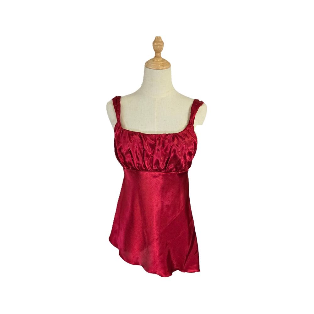 Vtg Y2K Red Silky Satin Empire Asymmetrical Baby Doll Tank Top Holiday M EUC